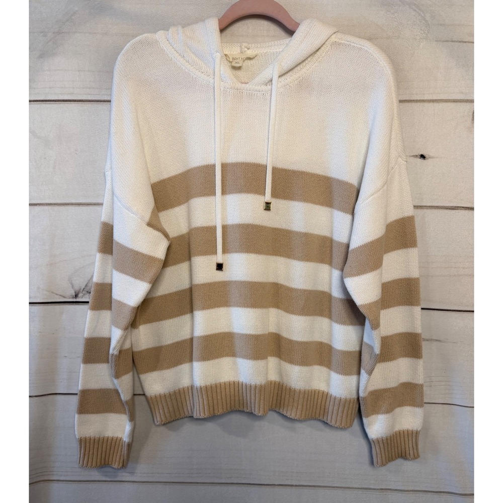 Striped Hooded Knit Pullover Sweater - Cream & Tan